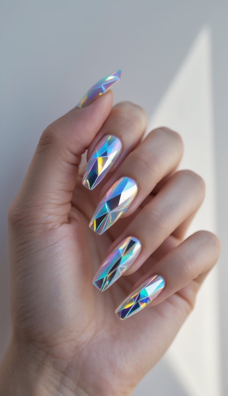 Fingers styled with chrome-like polish showing a luxe geometric nail art idea, where silver triangles mimic glimmering diamond cuts.