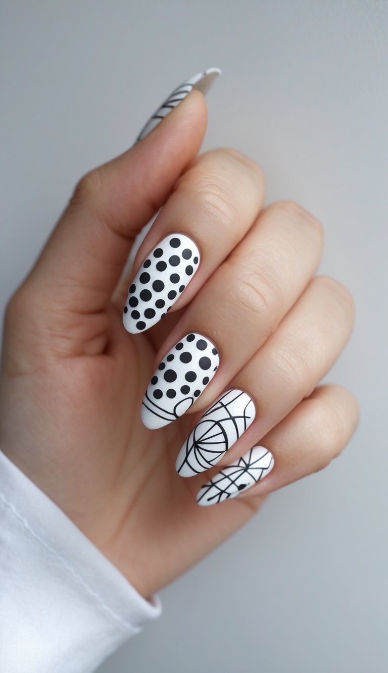 Hand resting near a white wall, nails painted with a fun geometric nail art idea featuring playful black circles, arcs, and fine doodle-style lines.