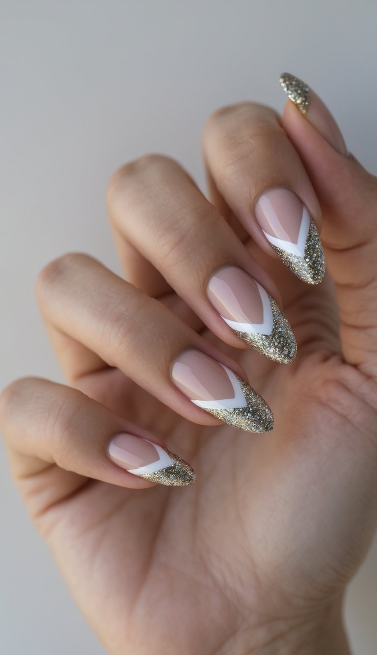 A graceful hand with nails that resemble champagne flutes—nude polish, crisp white Vs, and gleaming gold glitter creating a toast-worthy geometric nail art idea.