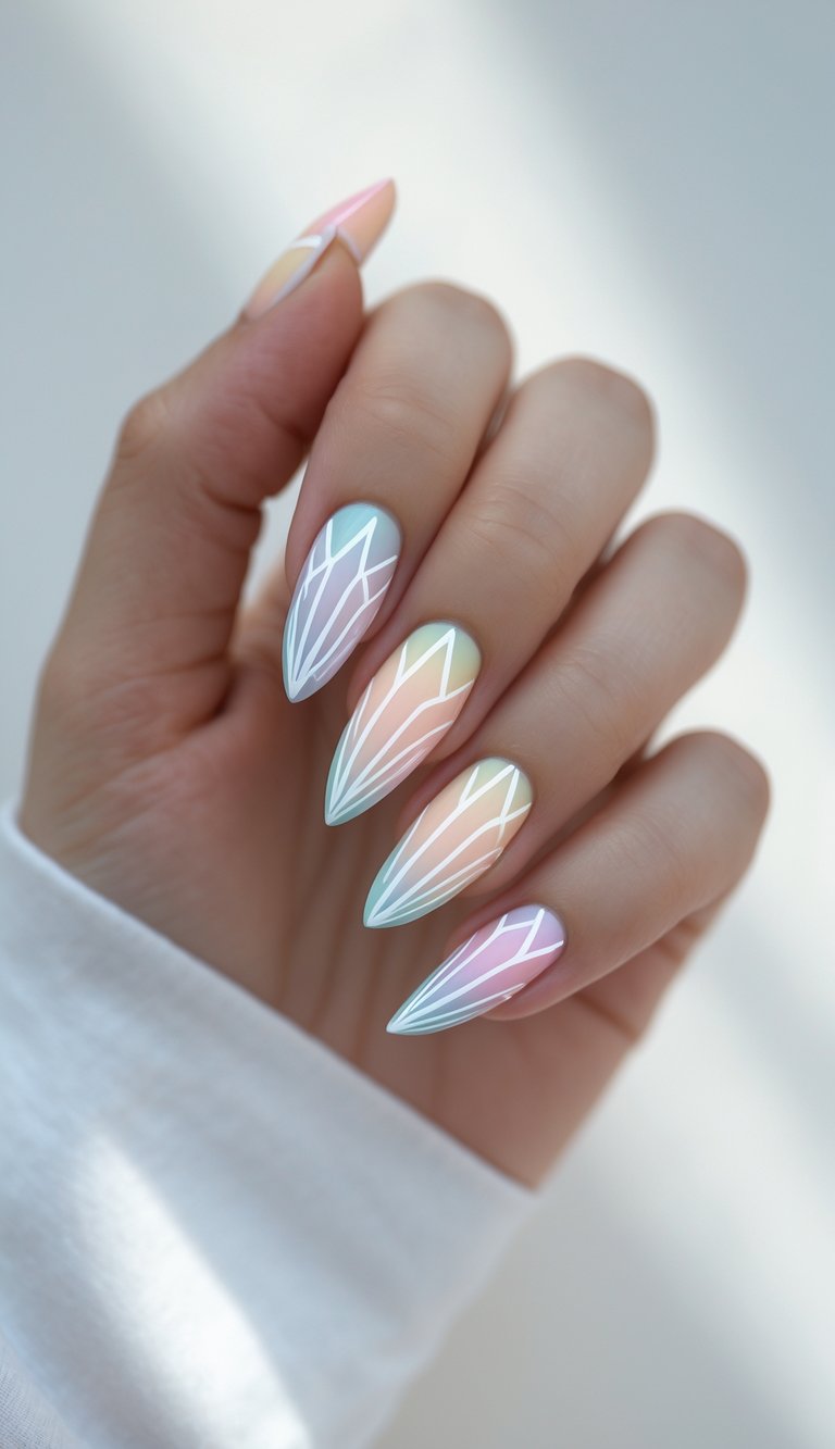 Hand with long matte nails in pastel tones and white abstract line detailing, showing a frosted geometric nail art idea with cool, calming colors.