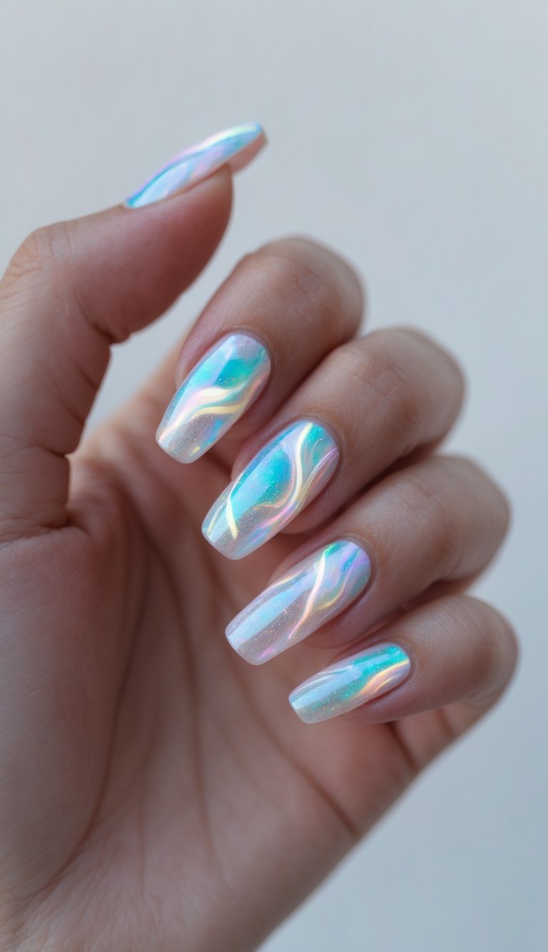 Well-lit hand with coffin-shaped nails in a marble nail art idea, combining iridescent pastel waves over a white chrome base for a radiant, fluid effect