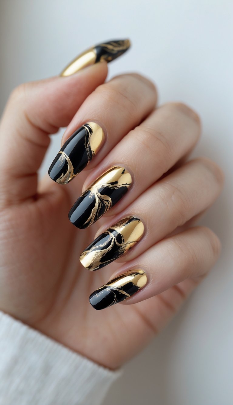 Angled view of coffin-shaped nails styled in a marble nail art idea with glossy black and reflective gold chrome, flowing in bold abstract patterns