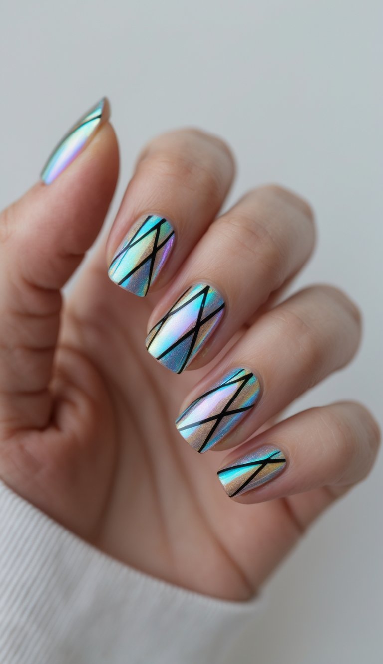 Hand tilted to show five short nails with iridescent polish and sharp black linear patterns, perfectly illustrating a futuristic geometric nail art idea.