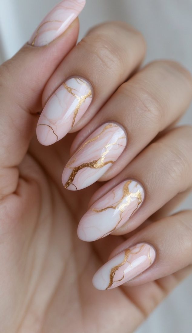 Hand with softly rounded nails painted in a marble nail art idea using blush tones, subtle white marbling, and metallic gold accents for a refined finish
