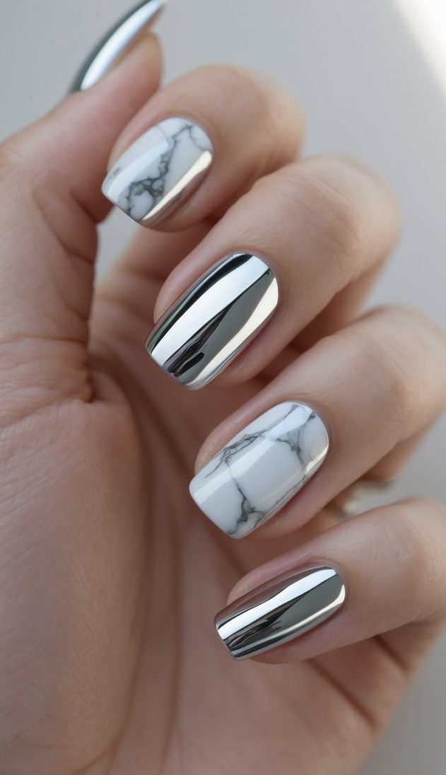 Close-up of fingers featuring a marble nail art idea, with crisp white marble paired beside full chrome silver nails in a bold square-cut shape