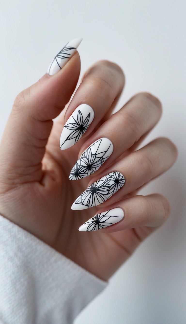 A hand showcasing pointed nails painted in matte white with precise black petal sketches, creating an elegant, artful geometric nail art idea.