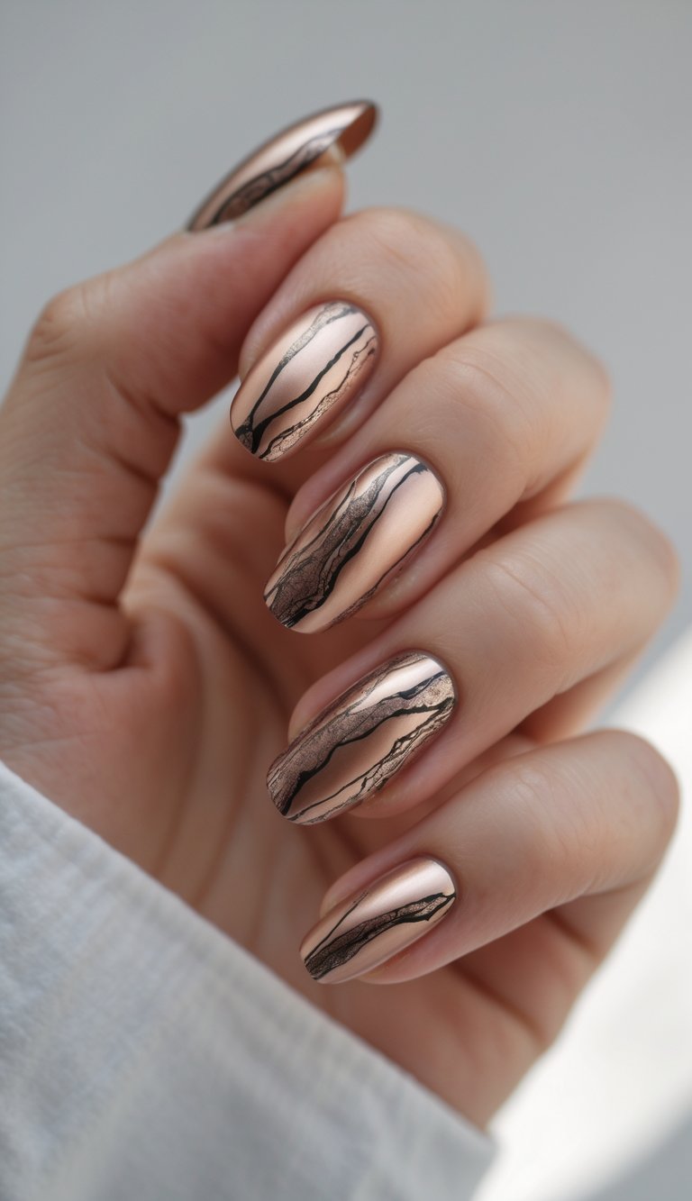 Hand with chrome almond nails designed in a marble nail art idea, combining rose gold shine with jagged black marbled lines for a bold, modern effect