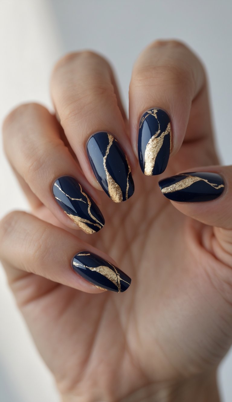 A hand with almond-shaped nails painted in deep navy, where fine gold veins slice through like lightning—showcasing a dramatic marble nail art idea