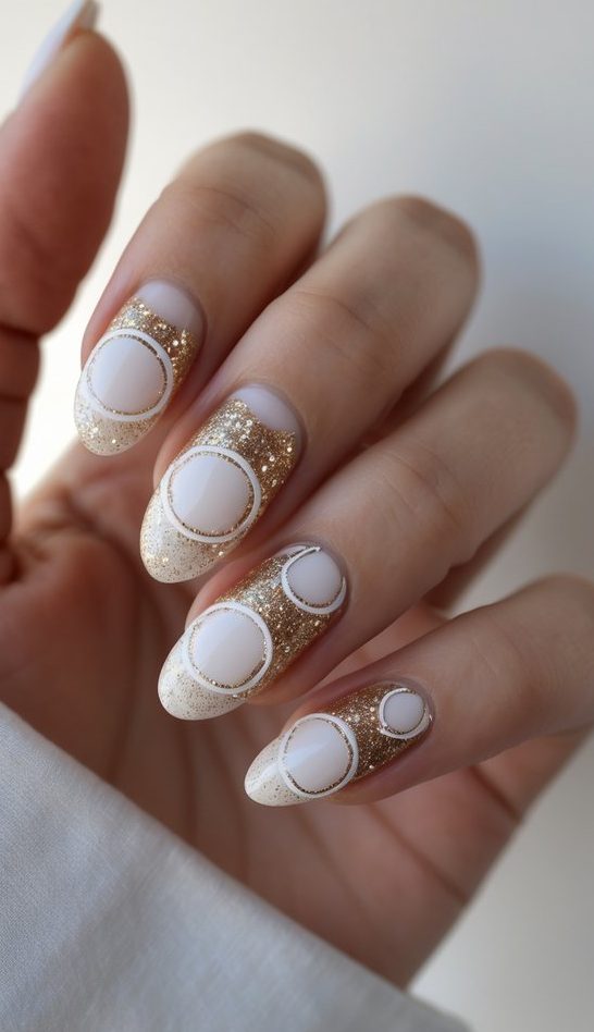 Hand with geometric nail art idea showing white outlined circles atop glittery gold gradients on nude nails, resembling a cosmic and artistic design.