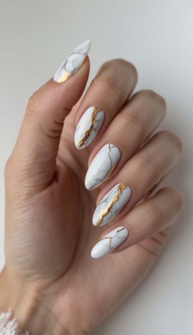Hand with elongated oval nails in a marble nail art idea combining crisp white polish, fine grey marbling, and bold gold foil cracks for a luxurious, artful design