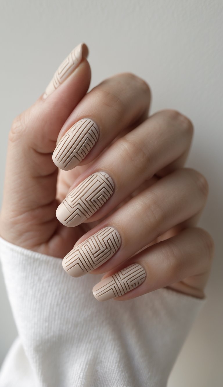 A hand showing nude matte nails with micro maze-style patterns in soft brown, creating a playful twist on classic geometric nail art ideas.