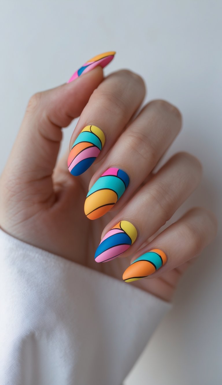 Matte almond nails decorated with overlapping colorful arc patterns resembling abstract fruit slices in a vibrant geometric nail art idea.