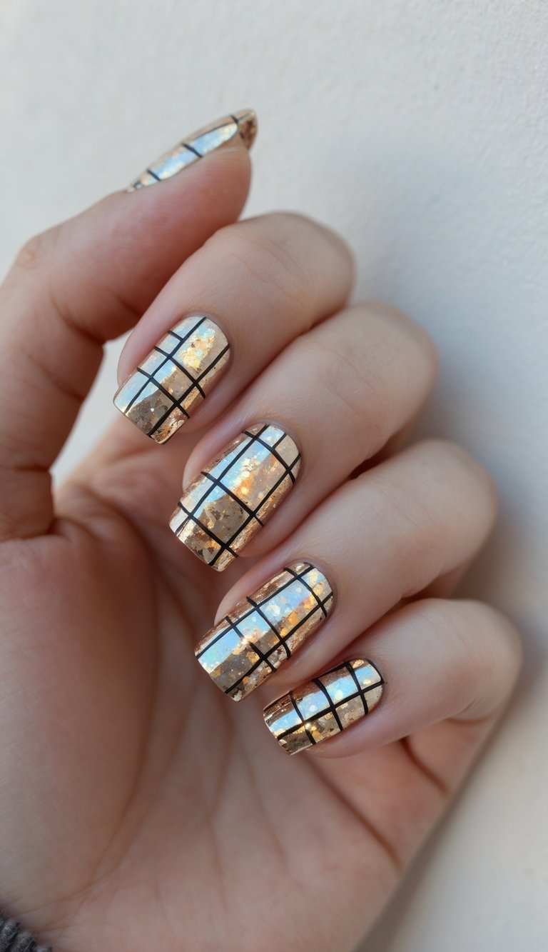Geometric nail art idea with gold foil base and black grid lines on square nails, creating a modern, reflective mosaic look.