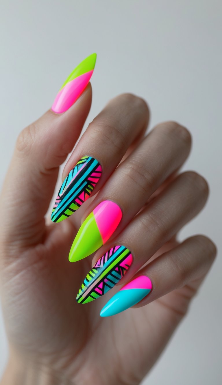 Geometric nail art idea featuring bold tribal patterns in neon pink, green, blue, and black on almond-shaped nails for a vibrant, electric finish.