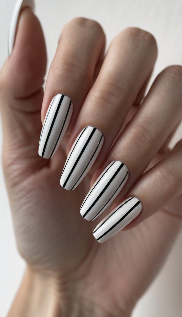 A close-up of a hand with long, almond-shaped nails painted in a white base, each detailed with evenly spaced black vertical stripes, showcasing a minimal stripe nail art idea.