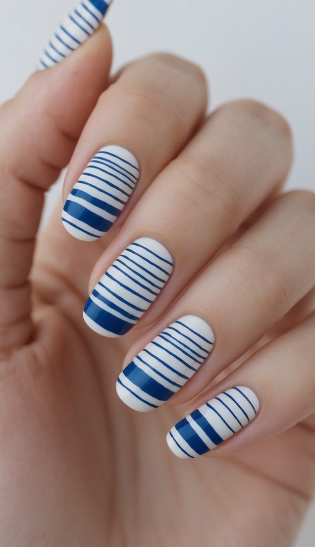 Manicured hand with rounded nails styled in alternating thick and fine navy stripes on a white base, illustrating a structured stripe nail art idea.
