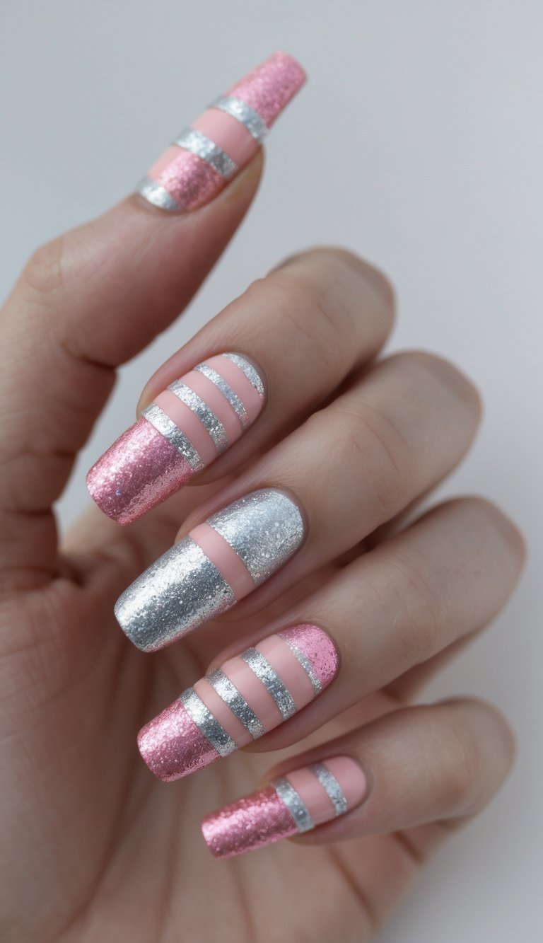 A trendy manicure featuring long nails with bold pink and silver glitter stripes, evenly spaced with soft blush-toned dividers for a striped nail art idea full of contrast.