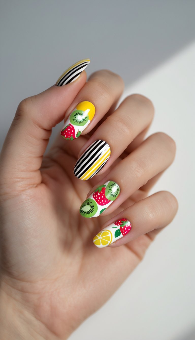 A bright stripe nail art idea shown on a hand with long nails, featuring black-and-yellow vertical stripes and playful fruit designs including kiwi, lemon slices, and strawberries.