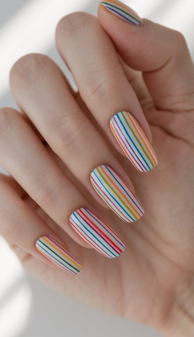 A trendy stripe nail art idea with precise rainbow vertical lines across nude long nails, combining modern simplicity with colorful flair.