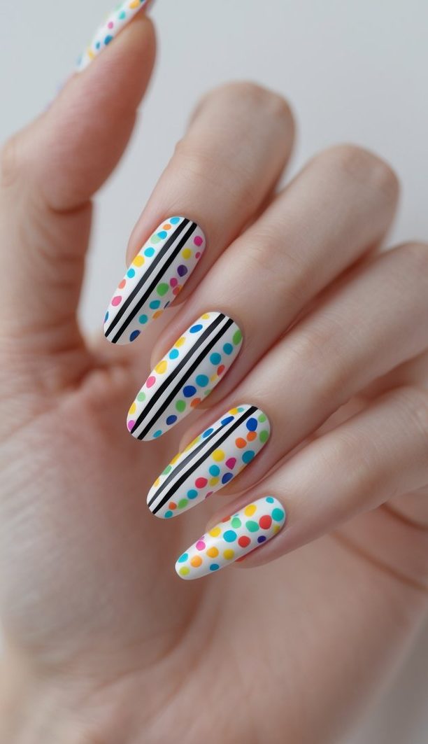 A creative stripe nail art idea with a mix of playful colored polka dots and clean black stripes across long white nails, adding a fun yet modern twist.