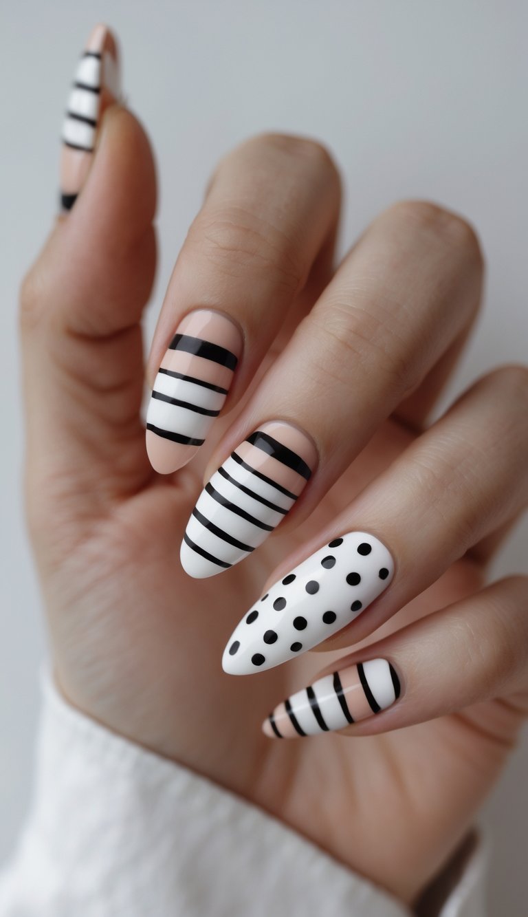 Chic stripe nail art idea combining glossy black stripes and dots on nude and white long nails, balancing clean minimalism with graphic flair.