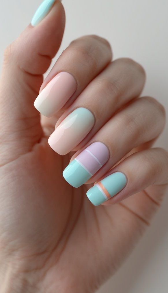 A playful stripe nail art idea showing pastel gingham patterns made from crisscrossing vertical and horizontal stripes in lilac, mint, blush, and yellow on long rounded nails.