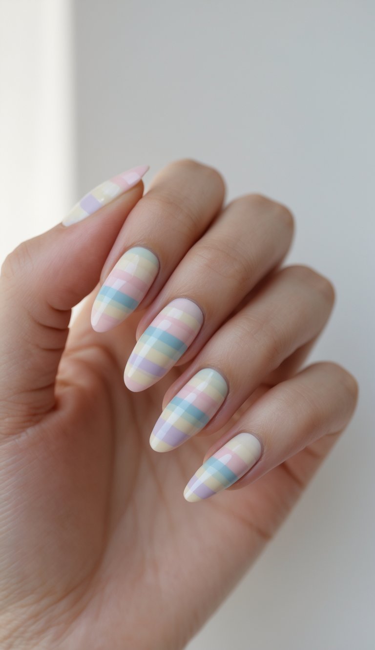 Romantic stripe nail art idea showing long nails painted with horizontal and vertical pastel stripes forming a translucent gingham look in light spring shades.