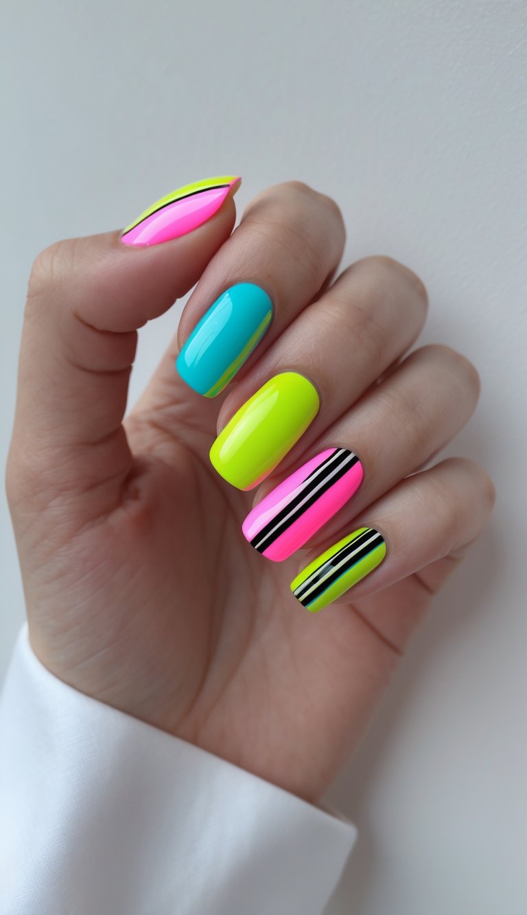 Stripe nail art idea featuring glossy neon nails in pink, yellow-green, and aqua blue with accent nails styled in black and white vertical stripes for a bold, high-energy finish.