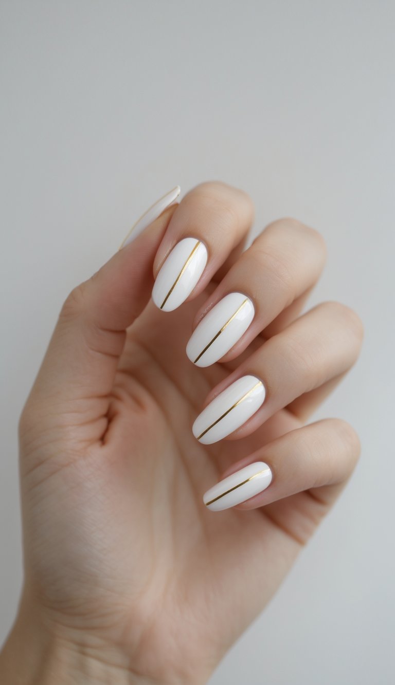 Stripe nail art idea featuring medium-length white nails with a central gold vertical stripe on each nail, creating a minimalist yet sophisticated design.