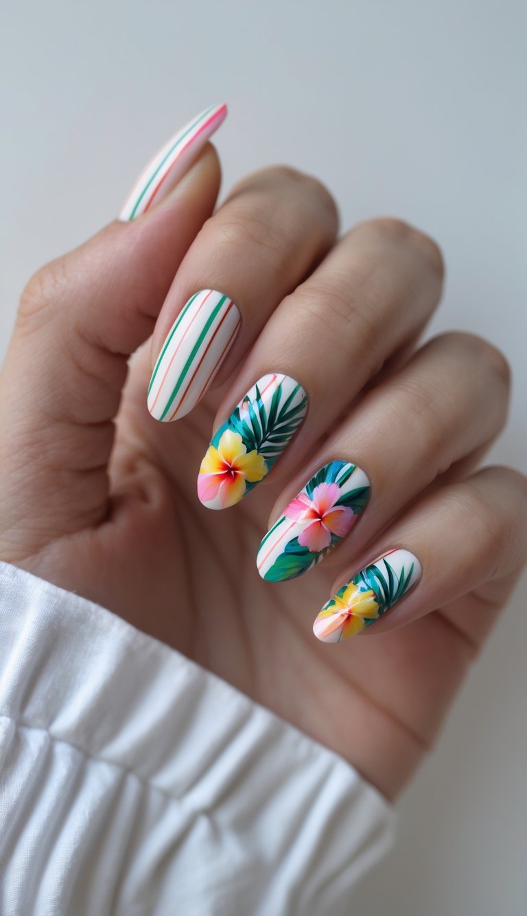 A tropical stripe nail art idea combining vertical pink, green, and orange lines with floral hibiscus and palm leaf accents on long almond-shaped nails.