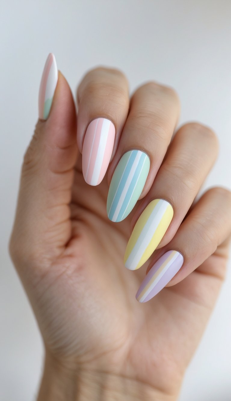Chic stripe nail art idea with pastel vertical striping on long oval nails, featuring pale shades of blue, yellow, pink, and violet for a subtle yet stylish look.