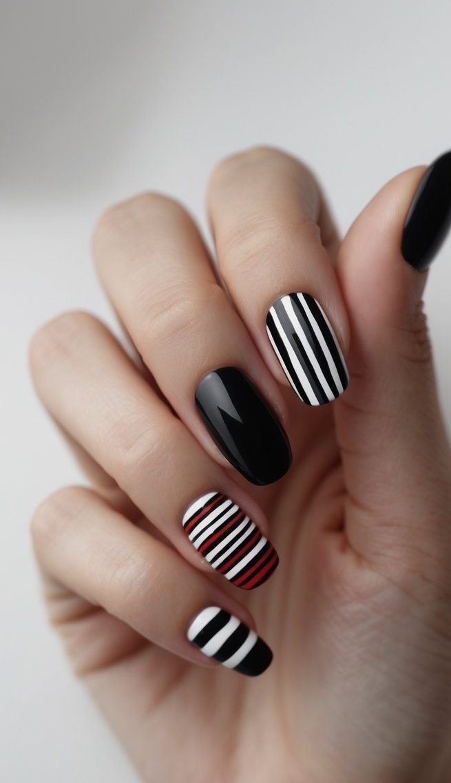 Stripe nail art idea with high-gloss black nails and patterned stripe designs in red, white, and black for a runway-inspired, graphic nail look.
