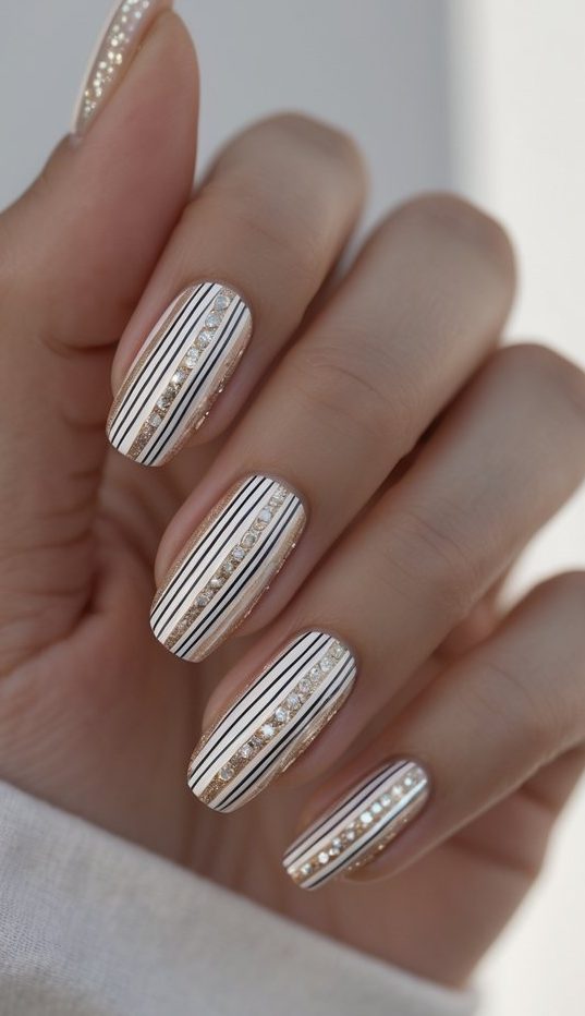 Glamorous stripe nail art idea with narrow vertical black lines and a row of crystals running down the center of each white nail for a high-shine effect.