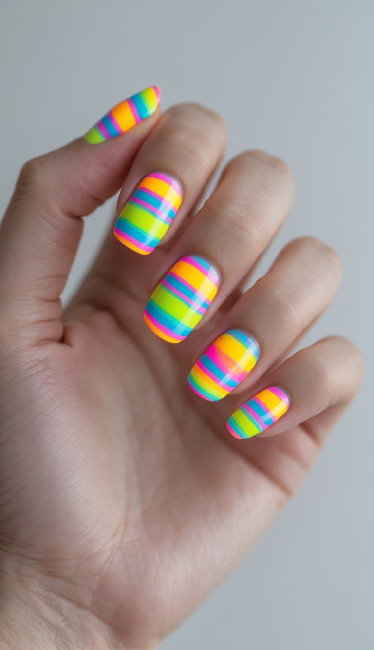 Energetic stripe nail art idea with glowing horizontal neon lines in rainbow hues on medium oval nails, creating a festival-ready color explosion.