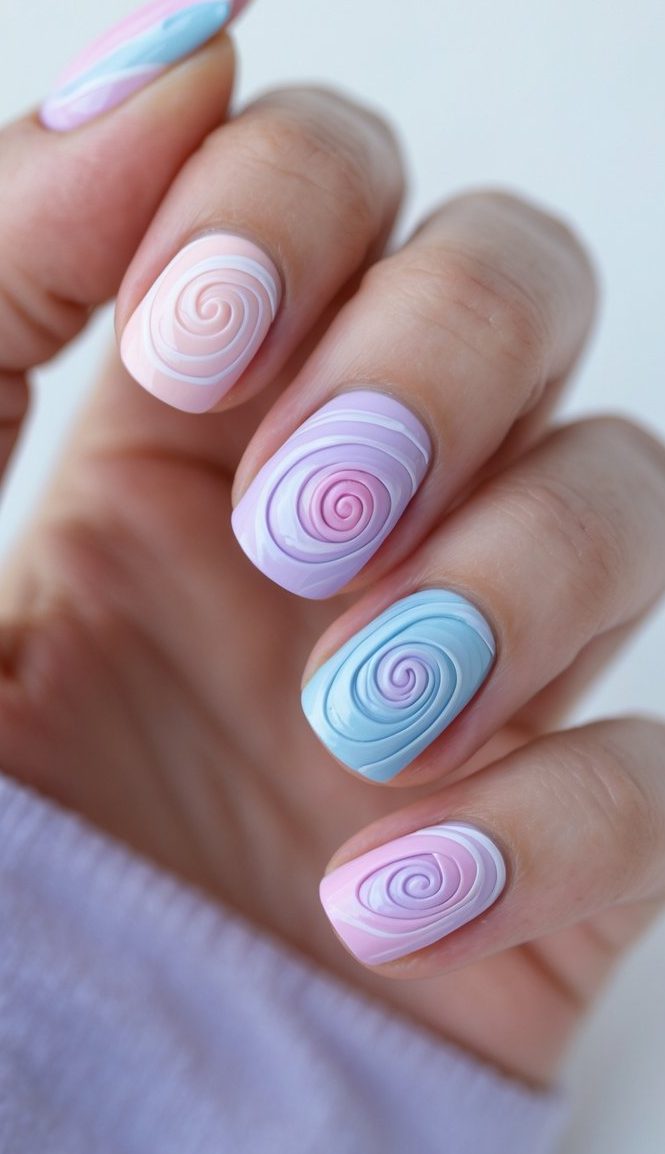 Close-up of a hand showcasing a swirl nail art idea with raised pastel spirals in pink, blue, and purple tones, giving a dimensional effect.