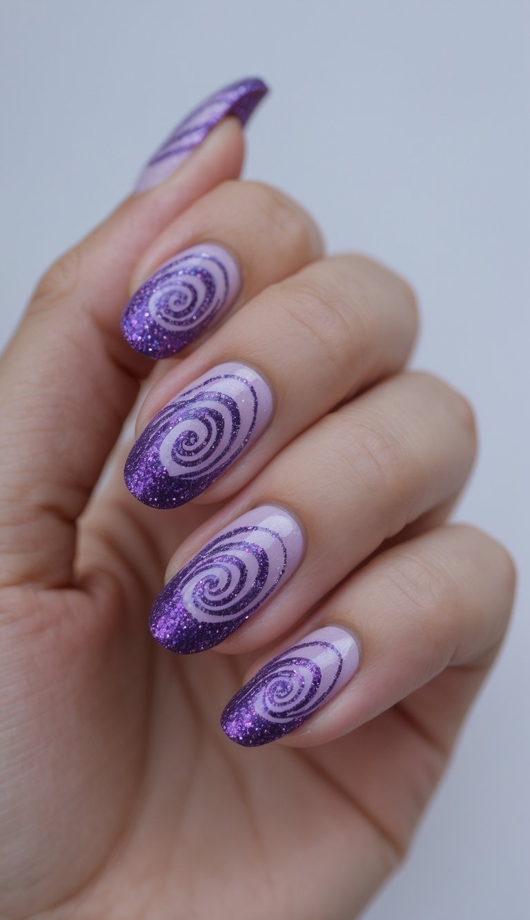 Hand with almond nails showcasing a swirl nail art idea featuring purple glitter spirals over a light lavender base, creating a modern glam effect.