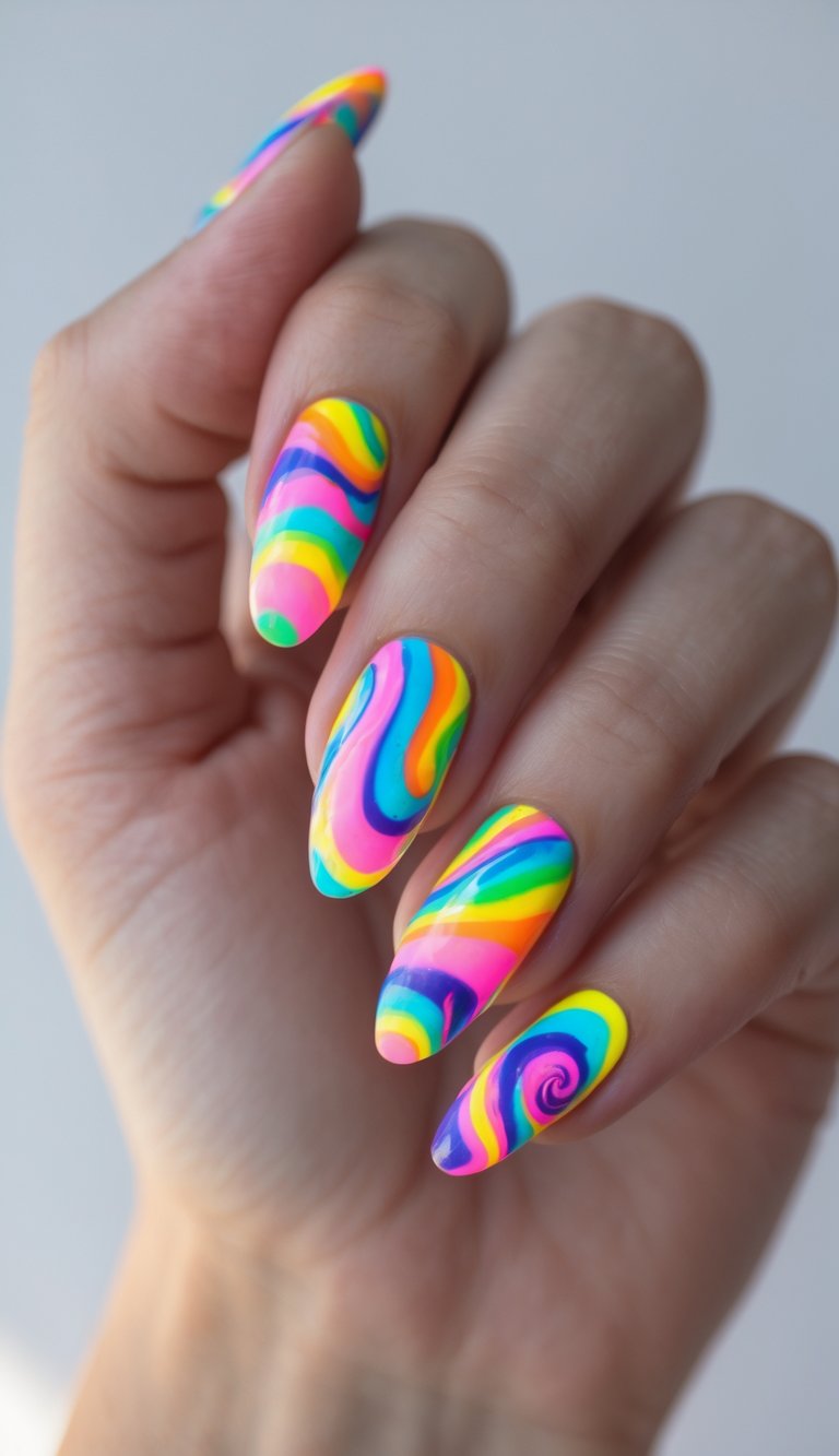 A hand featuring almond nails with a swirl nail art idea, painted in retro-style curved lines using bright rainbow tones in glossy finish.