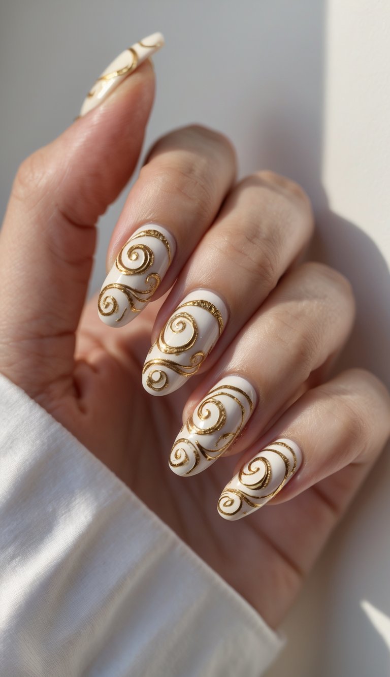 A swirl nail art idea on medium-length nails with smooth ivory polish, detailed with embossed gold glitter spirals on every fingertip.