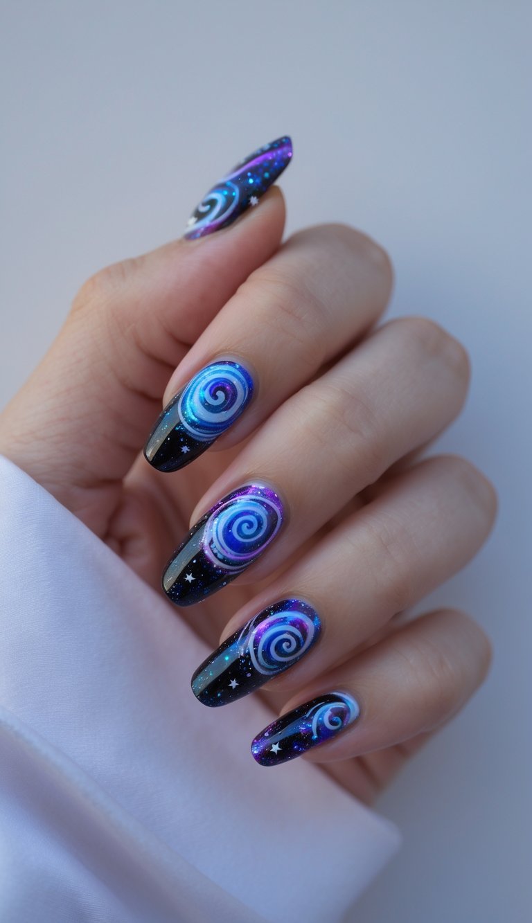 Swirl nail art idea on visible hand, designed with vibrant spiral patterns in blue and purple, over a glittery black night sky base.