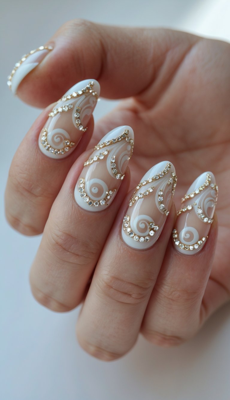 Close-up of elegant swirl nail art idea with sheer nude nails, white filigree swirls, and gold rhinestone detailing wrapped around each nail.