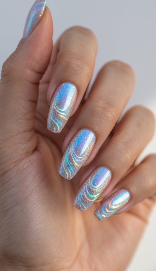 Hand showcasing a futuristic swirl nail art idea with shiny holographic polish and marble-like waves on long square-shaped nails.