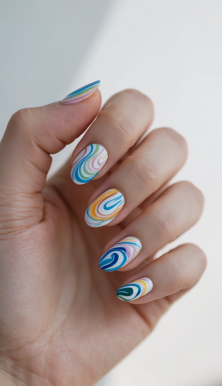 Hand with swirl nail art idea featuring bright teal, pink, orange, and navy swirls on a white base with a glossy finish.