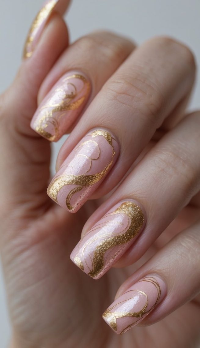 Feminine hand showing off pearly pink nails with gentle gold swirl designs, highlighting a romantic swirl nail art idea.