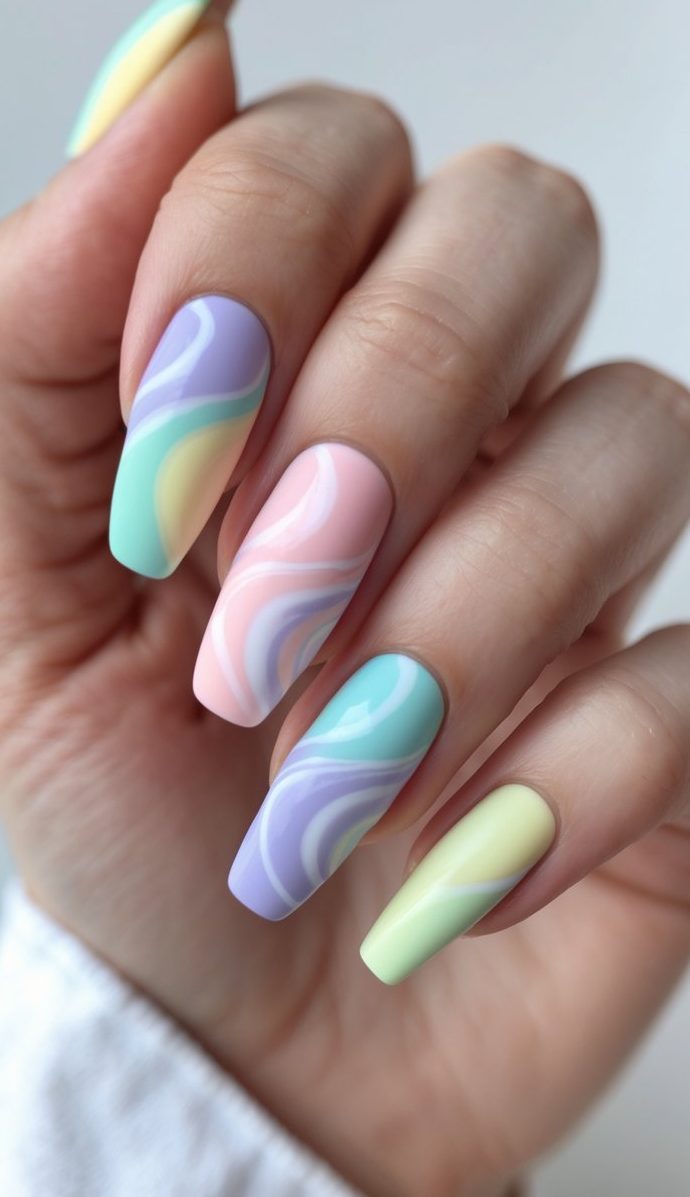 Elegant swirl nail art idea shown on long, matte pastel nails with lavender, green, yellow, and soft pink waves on a neutral background.