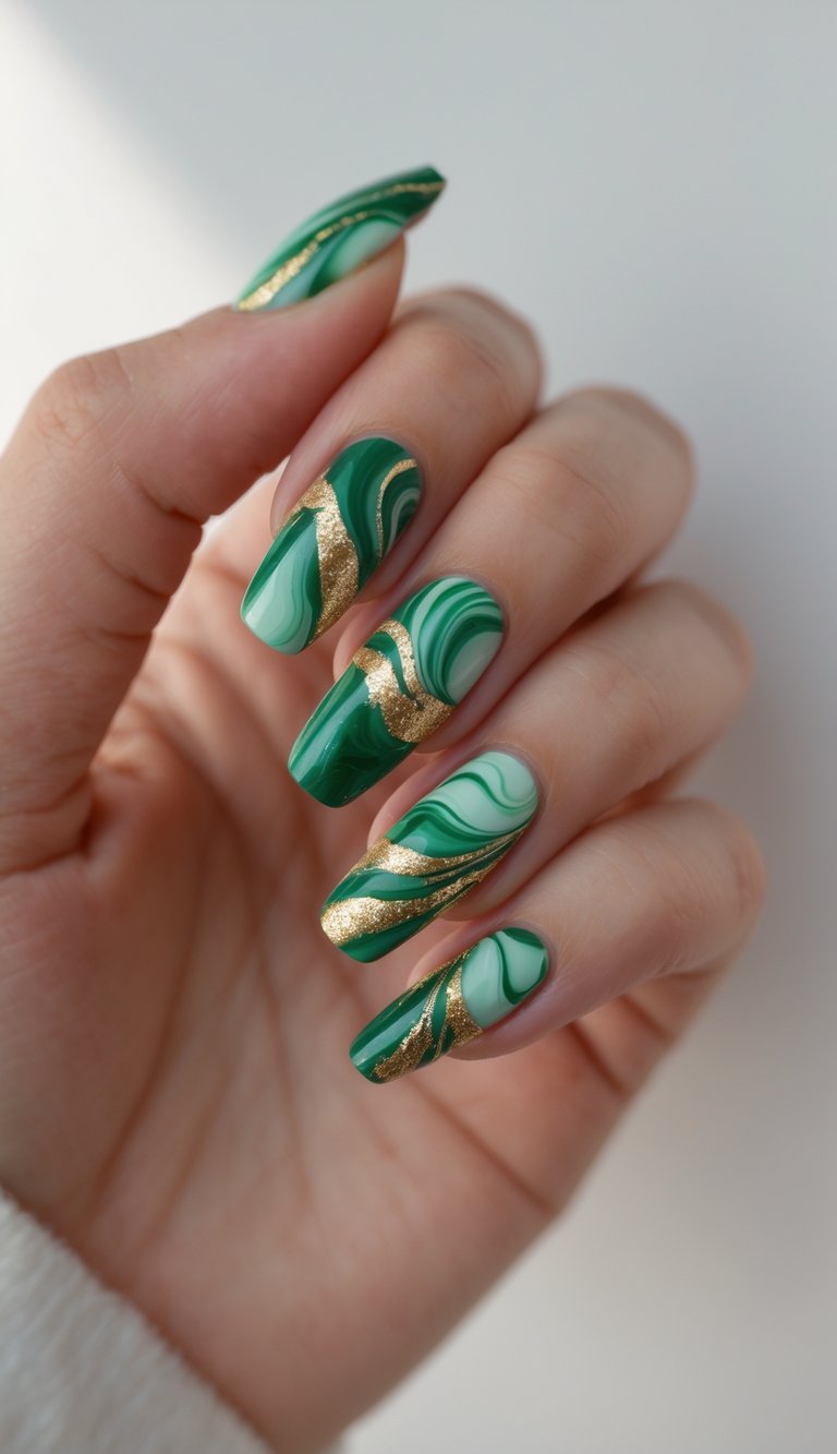Close-up of a hand with long almond nails featuring a swirl nail art idea in rich emerald green, jade, and gold glitter, styled in a glossy marble design.