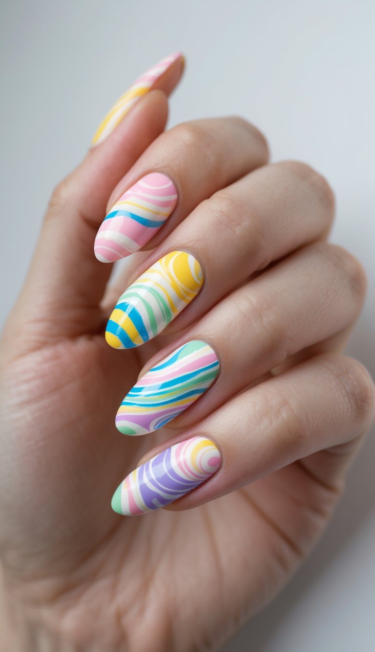 Soft swirl nail art idea on almond-shaped nails, combining layered pastel shades like yellow, blue, and pink in whimsical patterns on a woman’s hand.