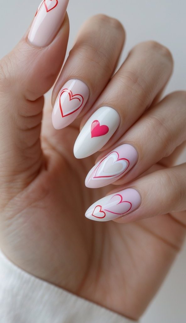 Hand with glossy pastel nails featuring a heart nail art idea made of fine red and white heart outlines and a vivid pink heart on a white base.