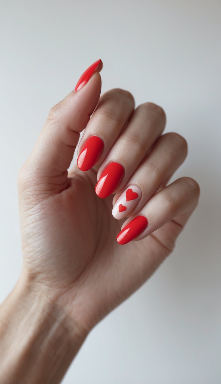 This heart nail art idea features a bold cherry red manicure with a playful twist—two soft red hearts on a sheer pink accent nail, adding sweet charm to a romantic look.