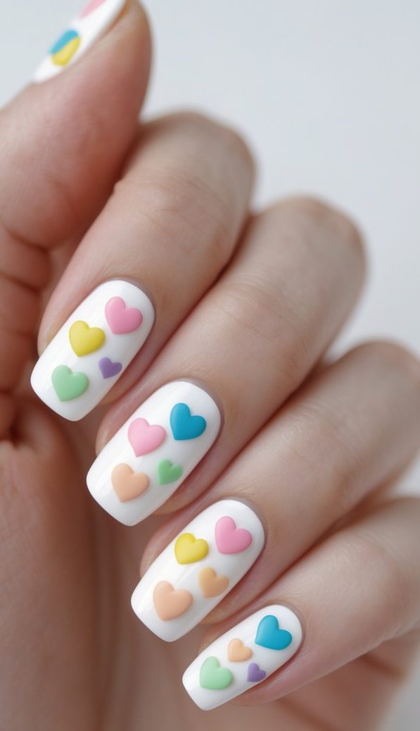 Fingers featuring a heart nail art idea with a crisp white base and pastel heart accents reminiscent of candy colors, offering a mix of cute and stylish.