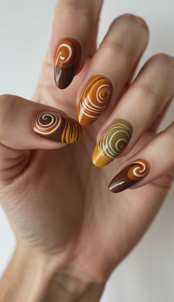 Close-up swirl nail art idea featuring glossy nails in autumn-inspired tones with soft white swirl detailing across each nail.